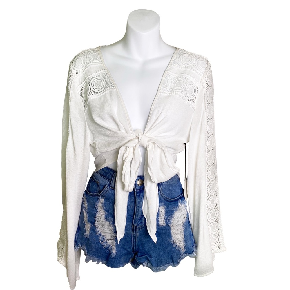 NWT 12th Tribe | White Long-sleeve Tie Front Crop